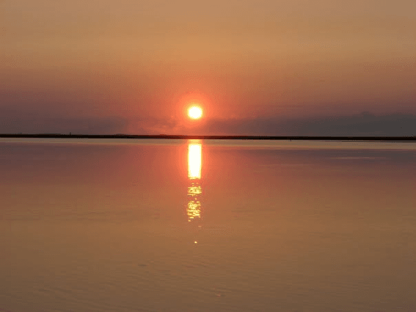 Sun reflecting on calm marsh water at sunset